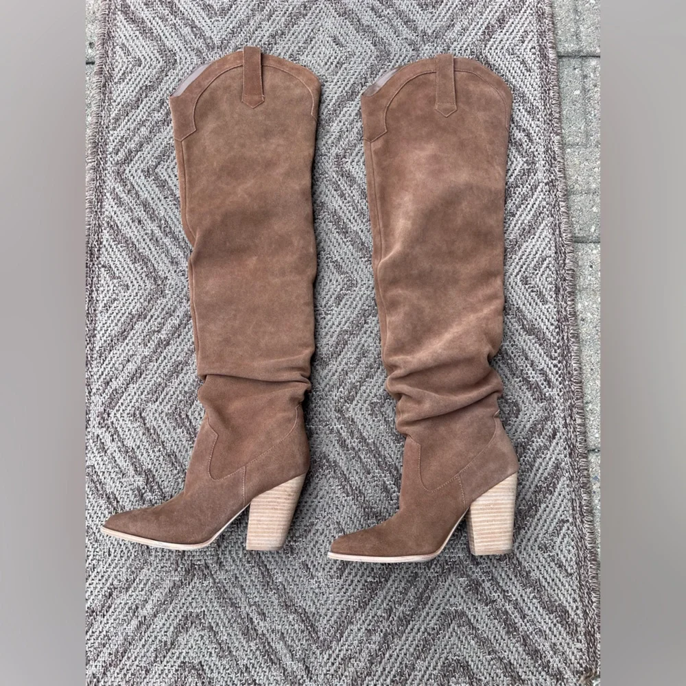 Steve Madden Western Inspired Chestnut Brown Suede Over-the-Knee Cowboy Boots